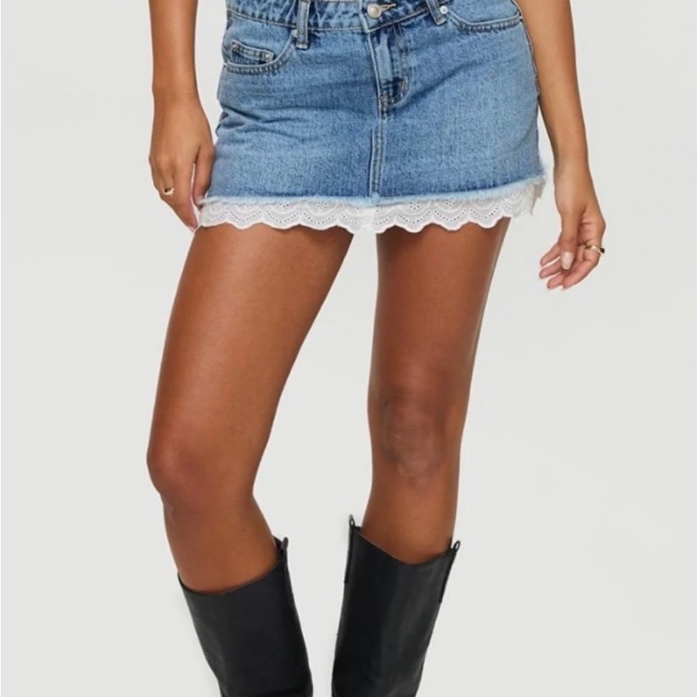 Princess Polly Light Blue Denim Mini Skirt with White Lace Trim